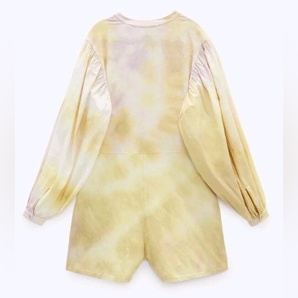 Zara NEW Yellow Tie-Dye Playsuit Jumpsuit Puff Sleeve V-Neck Size M - Picture 3 of 14